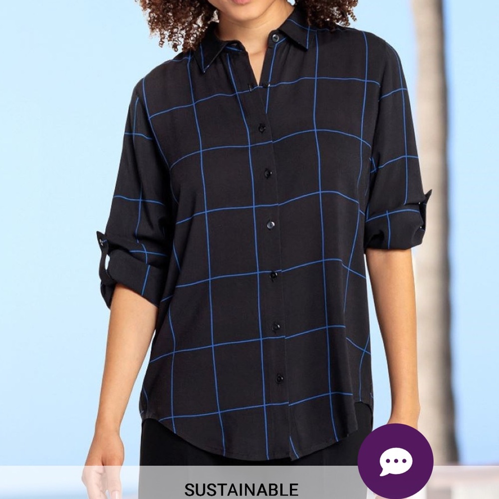 Black and Blue Checkered Button-up Long Sleeve Blouse by Lascana, Size 8/10